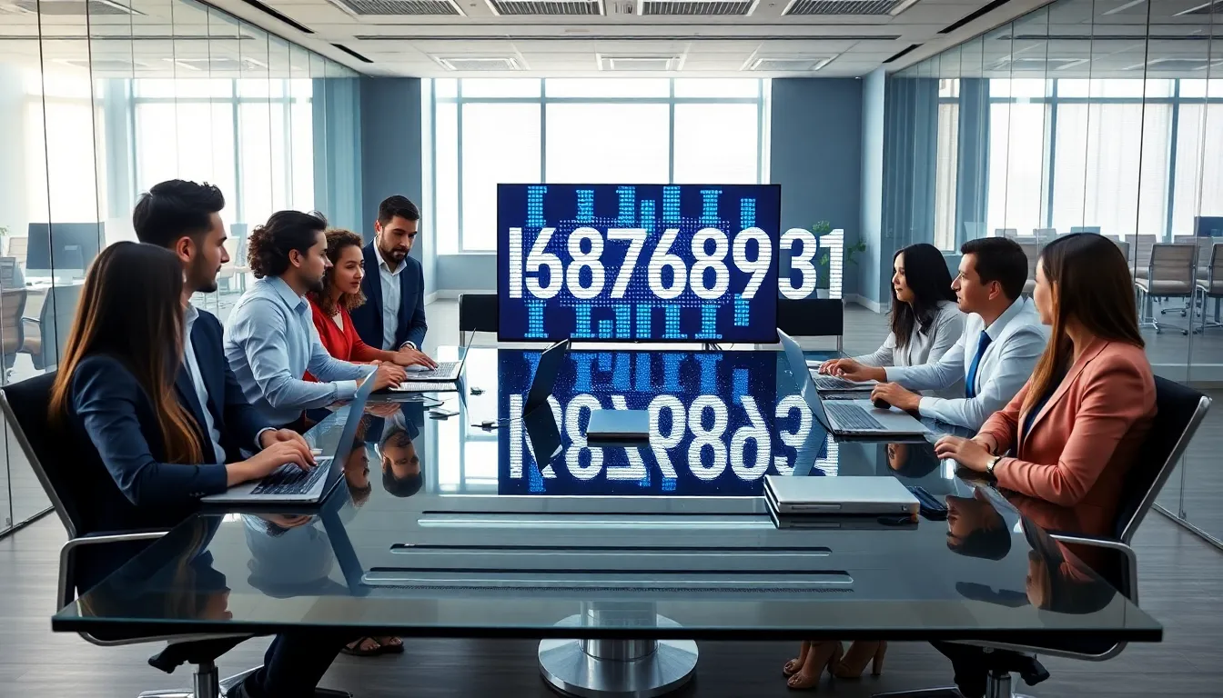 Diverse team discussing digital identifier in a modern office.